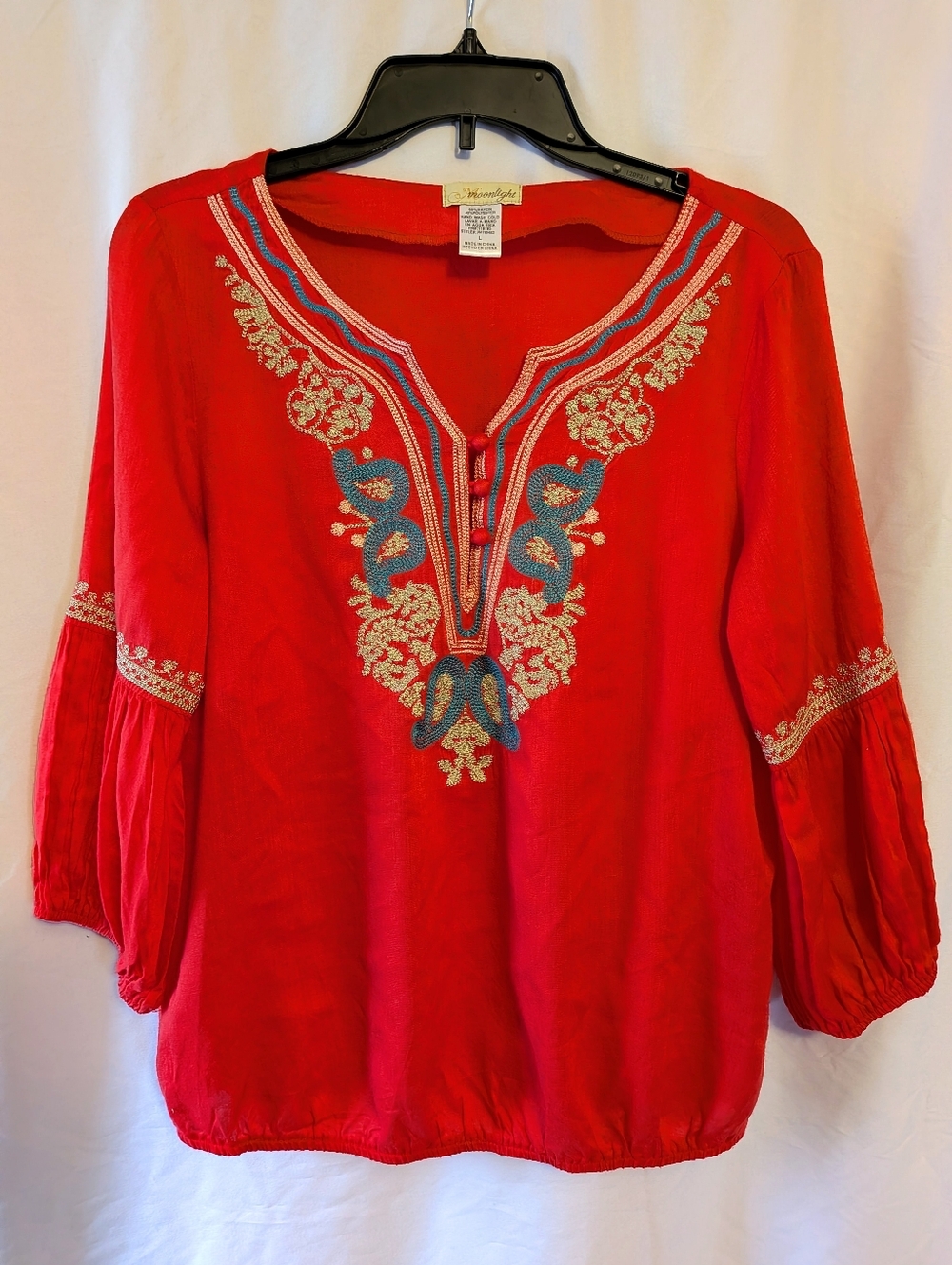 Moonlight Red Embroidered Bohemian Peasant Blouse -Sz. L